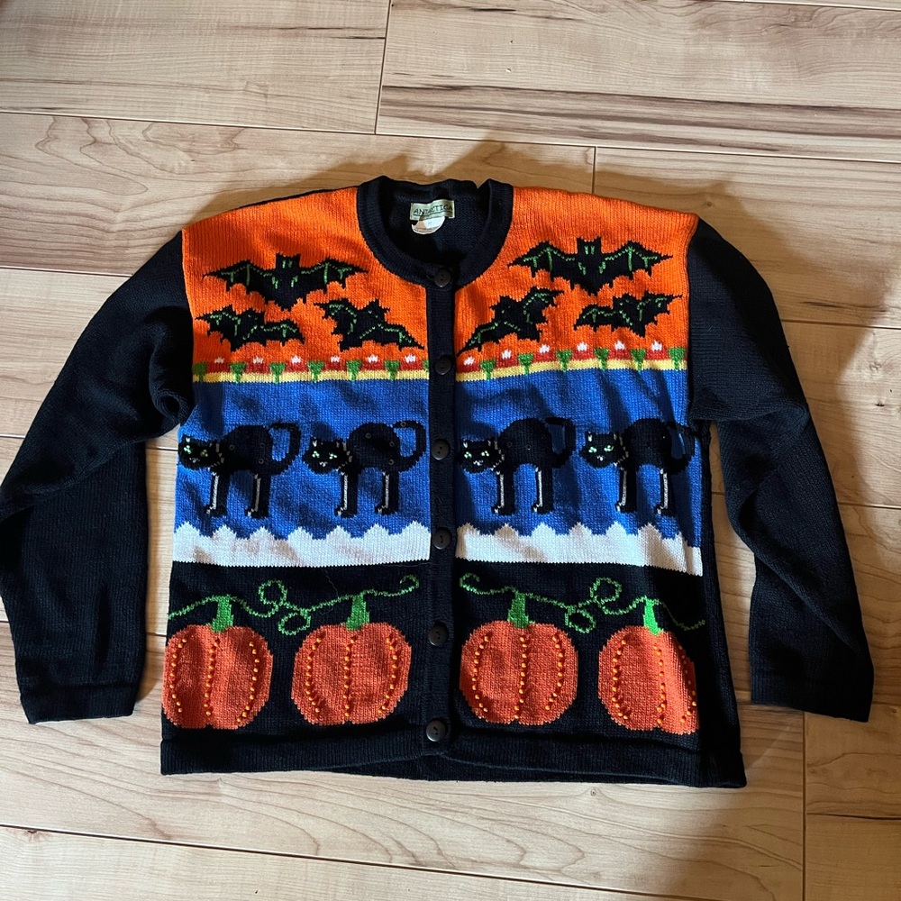 Halloween Themed Cardigan with Cats and Pumpkins